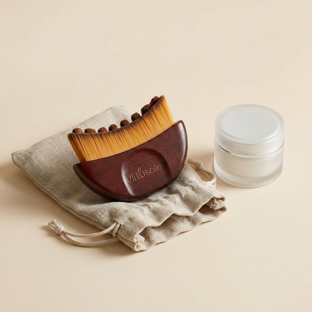 Line illustration of moisturiser jar, walnut brush and linen pouch